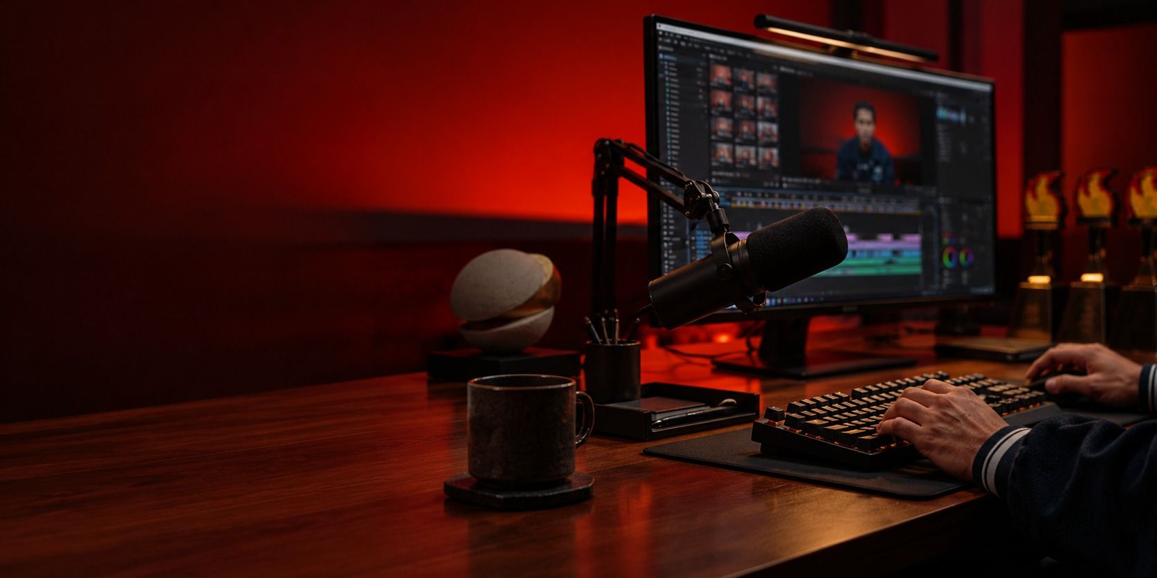 Poste de montage avec micro, clavier et écran de logiciel vidéo, mains au clavier