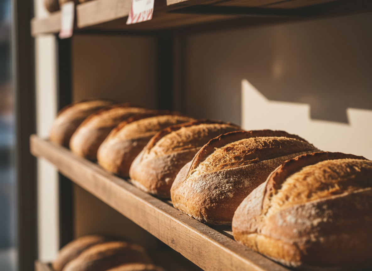 Pains au levain sur une étagère en bois