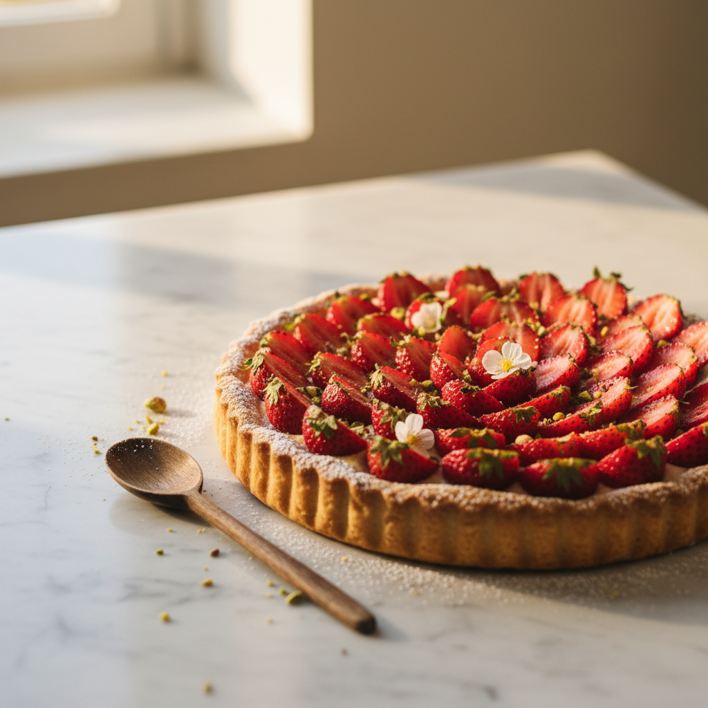 Tarte aux fraises sur un comptoir en marbre