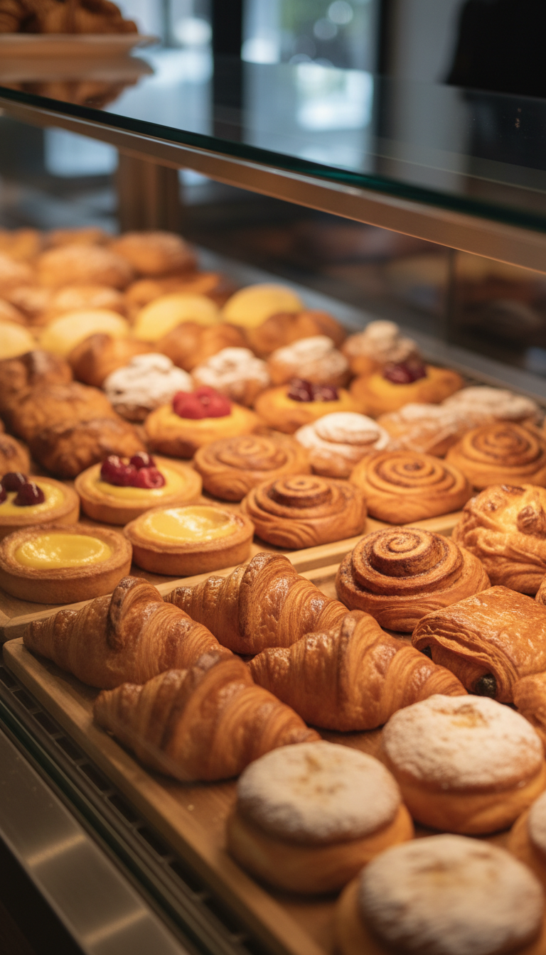 Vitrine réfrigérée d’une boulangerie remplie de pâtisseries, format vertical